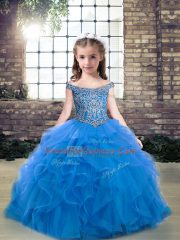Beading and Ruffles Little Girl Pageant Gowns Blue Lace Up Sleeveless Floor Length