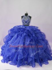 Top Selling Floor Length Royal Blue 15th Birthday Dress Organza Sleeveless Beading and Ruffles