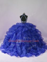 Top Selling Floor Length Royal Blue 15th Birthday Dress Organza Sleeveless Beading and Ruffles