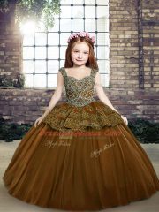 Straps Sleeveless Little Girl Pageant Gowns Floor Length Beading and Appliques Brown Tulle