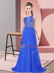 Customized One Shoulder Sleeveless Side Zipper Prom Evening Gown Blue Chiffon