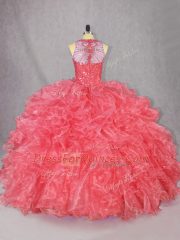 Sleeveless Floor Length Beading and Ruffles Zipper Quinceanera Gown with Coral Red