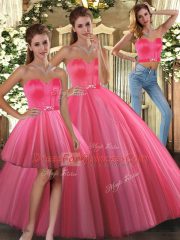 Inexpensive Sweetheart Sleeveless Vestidos de Quinceanera Floor Length Beading Coral Red Tulle