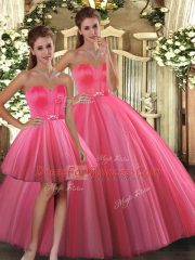Inexpensive Sweetheart Sleeveless Vestidos de Quinceanera Floor Length Beading Coral Red Tulle