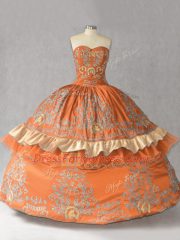 Amazing Orange Ball Gowns Satin Sweetheart Sleeveless Embroidery Floor Length Lace Up Quince Ball Gowns