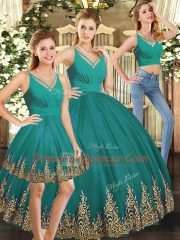 V-neck Sleeveless Tulle Ball Gown Prom Dress Embroidery Backless