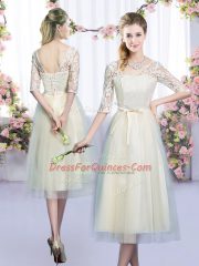 Elegant Tea Length Champagne Quinceanera Court Dresses Tulle Half Sleeves Lace and Bowknot