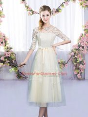 Elegant Tea Length Champagne Quinceanera Court Dresses Tulle Half Sleeves Lace and Bowknot