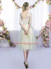 Elegant Tea Length Champagne Quinceanera Court Dresses Tulle Half Sleeves Lace and Bowknot