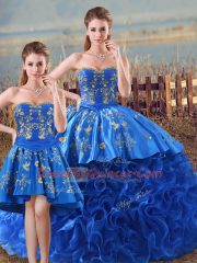 Sweetheart Sleeveless Quinceanera Gown Floor Length Embroidery and Ruffles Royal Blue Fabric With Rolling Flowers