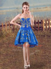 Sweetheart Sleeveless Quinceanera Gown Floor Length Embroidery and Ruffles Royal Blue Fabric With Rolling Flowers