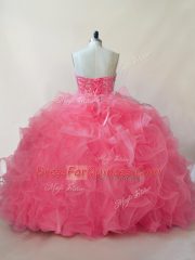 Coral Red Ball Gowns Sweetheart Sleeveless Organza Floor Length Lace Up Beading and Ruffles Quinceanera Dress