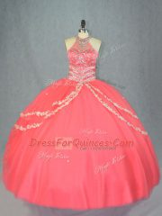 Hot Selling Beading and Ruffles Quinceanera Dresses Watermelon Red Lace Up Sleeveless Floor Length