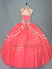 Hot Selling Beading and Ruffles Quinceanera Dresses Watermelon Red Lace Up Sleeveless Floor Length