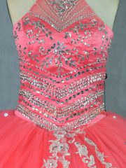 Hot Selling Beading and Ruffles Quinceanera Dresses Watermelon Red Lace Up Sleeveless Floor Length