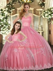 Perfect Watermelon Red Tulle Lace Up Sweetheart Sleeveless Floor Length Sweet 16 Dresses Appliques