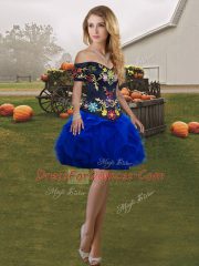 Floor Length Lace Up Ball Gown Prom Dress Blue And Black for Military Ball and Sweet 16 and Quinceanera with Embroidery and Ruffles
