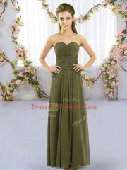 Olive Green Sleeveless Ruching Floor Length Court Dresses for Sweet 16