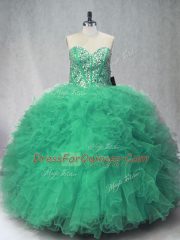 Fashionable Green Ball Gown Prom Dress Sweet 16 and Quinceanera with Beading and Ruffles Sweetheart Sleeveless Lace Up