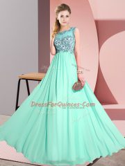 Scoop Sleeveless Vestidos de Damas Floor Length Beading and Appliques Apple Green Chiffon