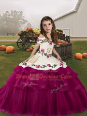 Fuchsia Sleeveless Tulle Lace Up Child Pageant Dress for Party and Military Ball and Wedding Party