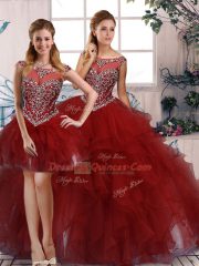 Elegant Sleeveless Floor Length Beading and Ruffles Zipper Ball Gown Prom Dress with Burgundy