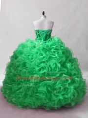 Green Fabric With Rolling Flowers Lace Up 15th Birthday Dress Sleeveless Floor Length Sequins