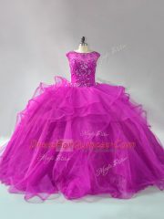 Latest Long Sleeves Brush Train Beading and Ruffles Lace Up Quinceanera Gowns