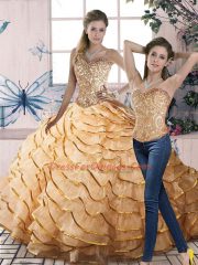 Stunning Gold Quinceanera Gowns Sweetheart Sleeveless Brush Train Lace Up