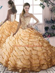 Stunning Gold Quinceanera Gowns Sweetheart Sleeveless Brush Train Lace Up