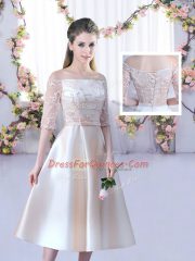 Ideal Half Sleeves Lace Up Tea Length Lace and Belt Quinceanera Dama Dress