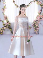 Ideal Half Sleeves Lace Up Tea Length Lace and Belt Quinceanera Dama Dress