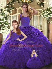 Purple Lace Up Halter Top Ruffles Quinceanera Gown Organza Sleeveless