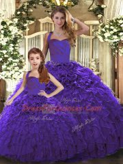 Purple Lace Up Halter Top Ruffles Quinceanera Gown Organza Sleeveless