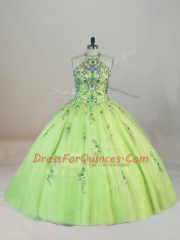 Pretty Yellow Green Halter Top Neckline Embroidery 15 Quinceanera Dress Sleeveless Lace Up