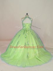 Pretty Yellow Green Halter Top Neckline Embroidery 15 Quinceanera Dress Sleeveless Lace Up