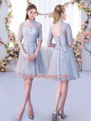 Grey Empire High-neck Half Sleeves Lace Mini Length Lace Up Quinceanera Dama Dress