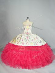 Sweetheart Sleeveless Lace Up Sweet 16 Dress White And Red Organza