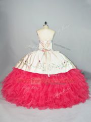 Sweetheart Sleeveless Lace Up Sweet 16 Dress White And Red Organza