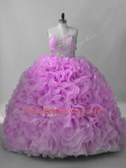 Lilac Sleeveless Fabric With Rolling Flowers Brush Train Lace Up Sweet 16 Quinceanera Dress for Sweet 16 and Quinceanera