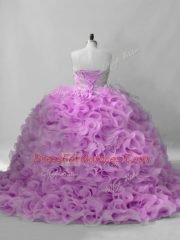 Lilac Sleeveless Fabric With Rolling Flowers Brush Train Lace Up Sweet 16 Quinceanera Dress for Sweet 16 and Quinceanera
