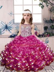 Fuchsia Kids Formal Wear Party and Military Ball and Wedding Party with Beading and Ruffles Scoop Sleeveless Lace Up