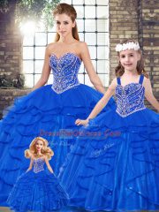Customized Royal Blue Ball Gowns Tulle Sweetheart Sleeveless Beading and Ruffles Floor Length Lace Up Quinceanera Dress