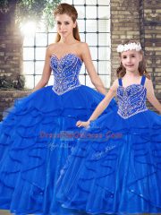 Customized Royal Blue Ball Gowns Tulle Sweetheart Sleeveless Beading and Ruffles Floor Length Lace Up Quinceanera Dress