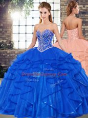 Customized Royal Blue Ball Gowns Tulle Sweetheart Sleeveless Beading and Ruffles Floor Length Lace Up Quinceanera Dress