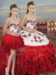 Ideal Floor Length Ball Gowns Sleeveless White And Red Sweet 16 Dresses Lace Up