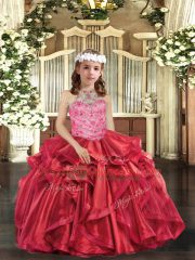 Hot Sale Red Lace Up Child Pageant Dress Beading and Ruffles Sleeveless Floor Length