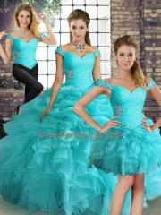 Aqua Blue Three Pieces Off The Shoulder Sleeveless Organza Floor Length Lace Up Beading and Ruffles and Pick Ups 15th Birthday Dress