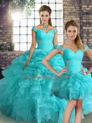 Aqua Blue Three Pieces Off The Shoulder Sleeveless Organza Floor Length Lace Up Beading and Ruffles and Pick Ups 15th Birthday Dress