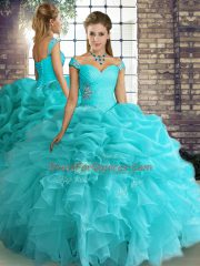 Aqua Blue Three Pieces Off The Shoulder Sleeveless Organza Floor Length Lace Up Beading and Ruffles and Pick Ups 15th Birthday Dress
